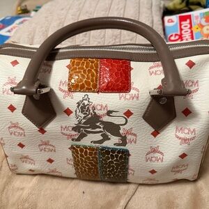 MCM White and Multicolor Satchel